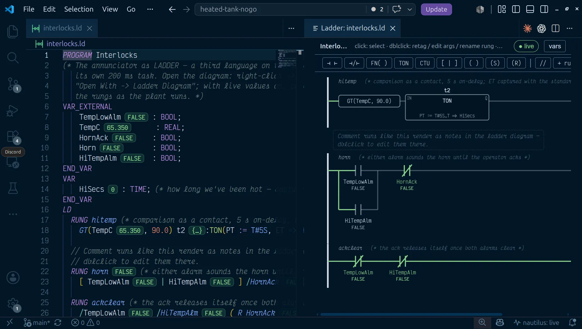 interlocks.ld as text on the left with live values inline, and the same rungs as a ladder diagram on the right, with power flow painted green from the running controller