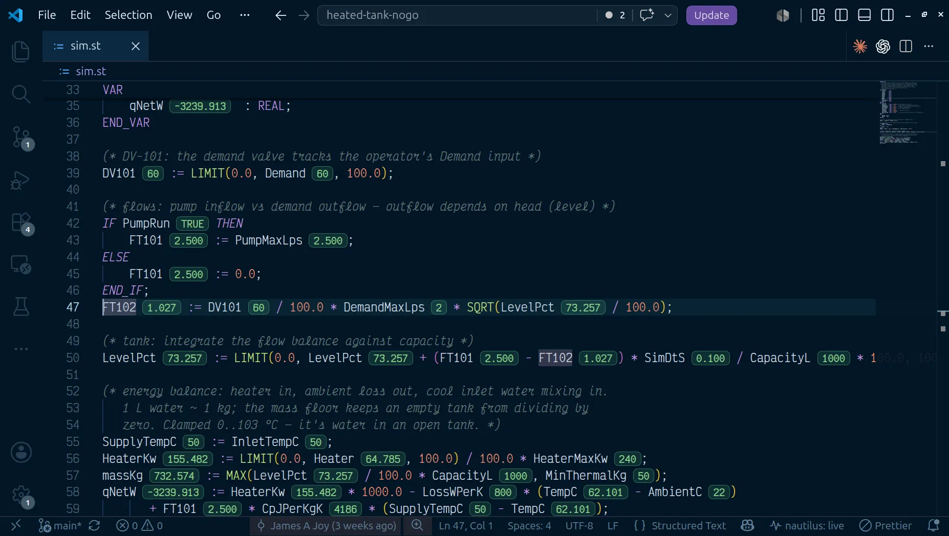 sim.st open in VS Code: every identifier carries its live value from the running controller in a green pill beside it, so the flow and energy balance read as numbers, not just expressions